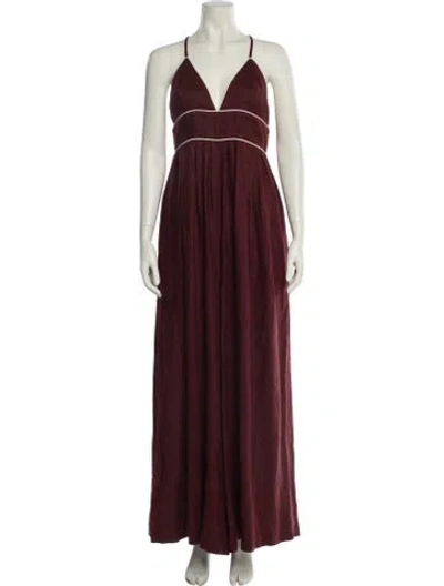 Pre-owned Staud Linen Plunge Neckline Jumpsuit In Burgundy