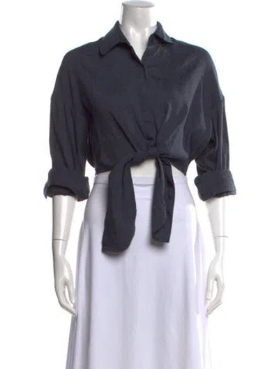Pre-owned Staud Linen Three-quarter Sleeve Button-up Top In Black