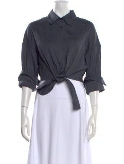 Pre-owned Staud Linen Three-quarter Sleeve Button-up Top In Blue