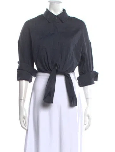 Pre-owned Staud Linen Three-quarter Sleeve Button-up Top In Gray
