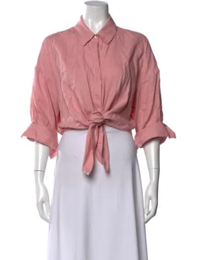 Pre-owned Staud Linen Three-quarter Sleeve Button-up Top In Pink