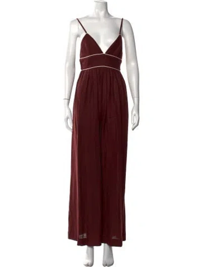 Pre-owned Staud Linen V-neck Jumpsuit In Brown