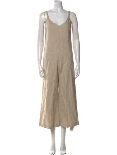 Pre-owned Staud Linen V-neck Jumpsuit In Neutral