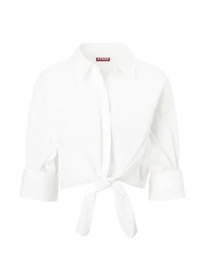 Staud Lisa Crop Button-up Tie Waist Top In White