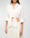 STAUD LISA TIE-FRONT COTTON SHIRTING CROP TOP