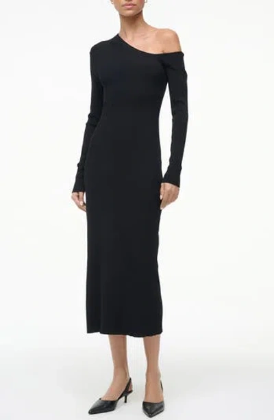 Staud Lois One-shoulder Long Sleeve Rib Dress In Black