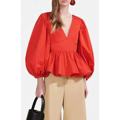 Staud Luna Balloon Sleeve Peplum Top In Red