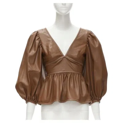 Pre-owned Staud Luna Tan Brown Vegan Faux Leather Plunge Neck Puff Sleeve Top Us0 Xs
