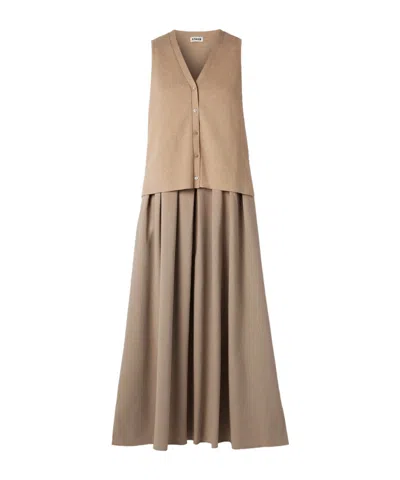 Staud Madeline Layered Cotton And Cashmere-blend And Pleated Crepe Midi Dress In Brown