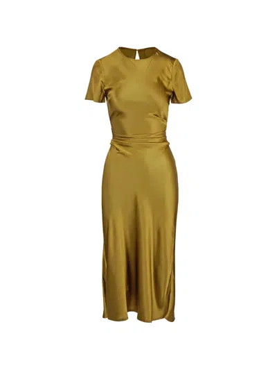 Staud Marcel Gathered Satin Midi Dress In Green