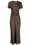 Staud Marcel Ruched Stretch-silk Charmeuse Midi Dress In Brown