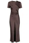 Staud Marcel Ruched Stretch-silk Charmeuse Midi Dress In Gray