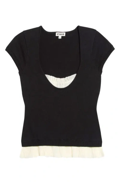 Staud Marin Chiffon Trim Short Sleeve Sweater In Black/ivory