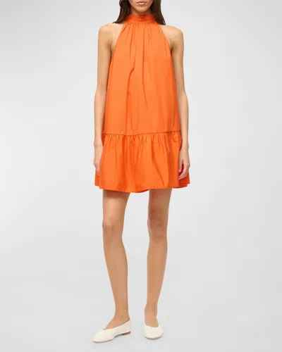 Staud Marlowe Tie-neck Mini Cotton Poplin Dress In Tangerine