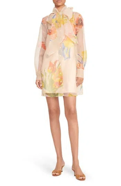 Staud Maryn Floral Long Sleeve Organza Mini Shirtdress In First Bloom Day