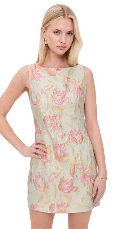 Staud Mimi Metallic Foral Satin Brocade Dress In Green