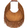 Staud Round Shape Suede Fringe Tote Bag In Tan Fringe