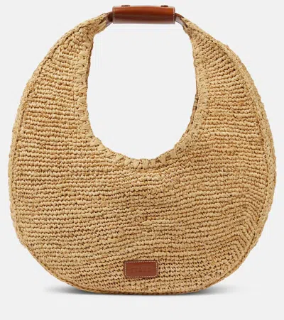 Staud Moon Large Leather-trimmed Raffia Tote Bag In Brown