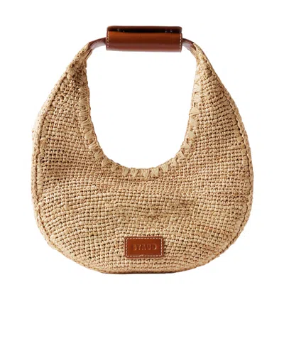 Staud Moon Leather-trimmed Raffia Tote In Orange