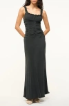 Staud Nic Ruched Washed-silk Maxi Dress In Black