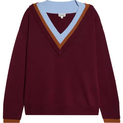 Staud Norman Contrast Detail V-neck Merino Wool Sweater In Burgundy