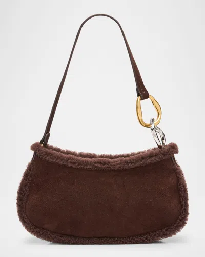 Staud Ollie Shearling-trim Suede Shoulder Bag In Brown