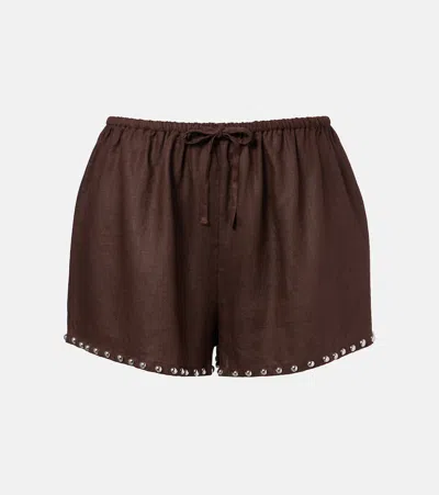 Staud Paddle Embellished Linen Shorts In Brown