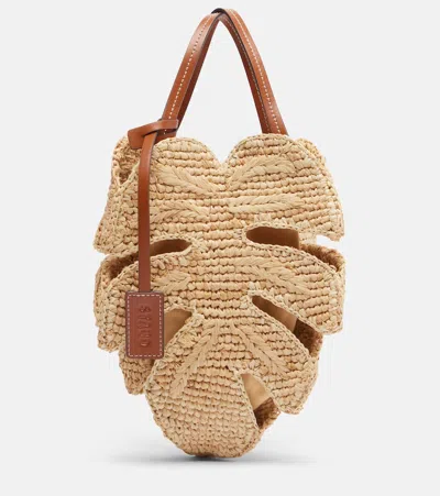 Staud Palm Leather-trimmed Raffia Top-handle Bag In Brown