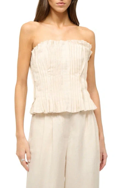 Staud Parma Pleated Strapless Linen Top In Beige