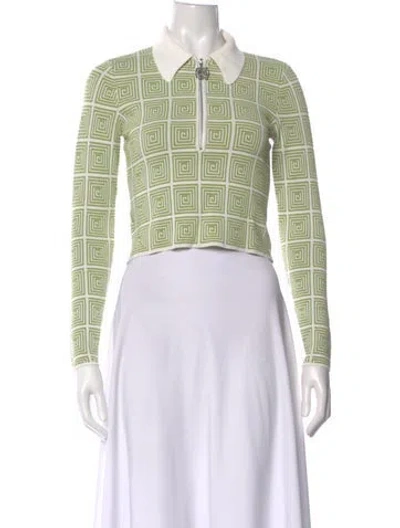 Pre-owned Staud Patterned Long Sleeve Polo In Green