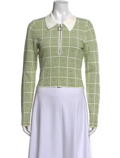 Pre-owned Staud Patterned Long Sleeve Polo In Green