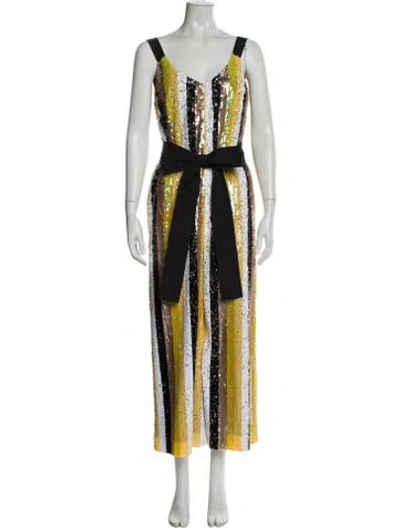 Pre-owned Staud Patterned V-neck Jumpsuit In Yellow
