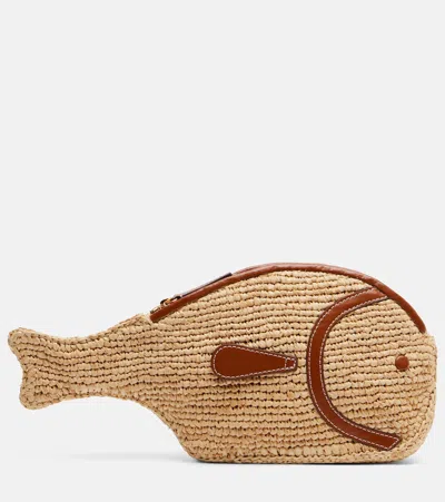 Staud Pesce Leather-trimmed Raffia Clutch In Neutral