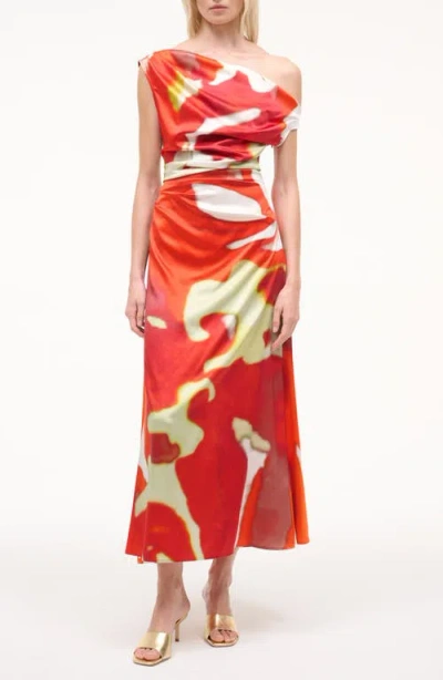 Staud Phare Abstract Print One-shoulder Stretch Silk Dress In Multi