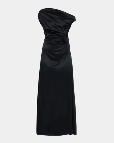 Staud Phare Draped One-shoulder Stretch Silk Midi Dress In Black