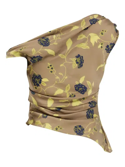 Staud Phare Floral-print Draped Top In Brown