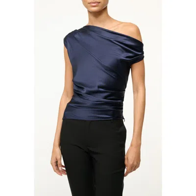 Staud Phare One-shoulder Stretch Silk Top In Navy