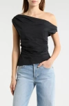 Staud Phare One-shoulder Draped Silk-blend Satin Top In Blue