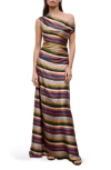 Staud Phare One-shoulder Draped Striped Silk-blend Satin Maxi Dress In Multi