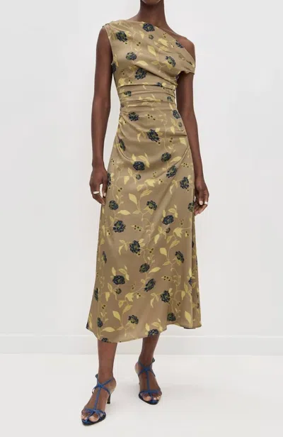 Staud Phare One-shoulder Stretch Silk Midi Dress In Gray