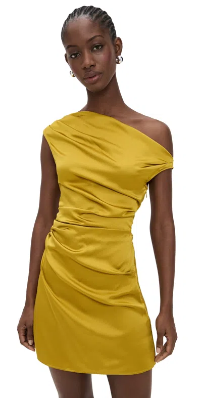 Staud Phare Asymmetric Ruched One-shoulder Stretch Silk Minidress In Yellow