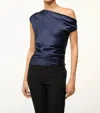 Staud Phare One-shoulder Draped Silk-blend Satin Top In Blue
