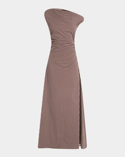 Staud Phare Striped Asymmetric Maxi Dress In Dark Oak Micro Stripe