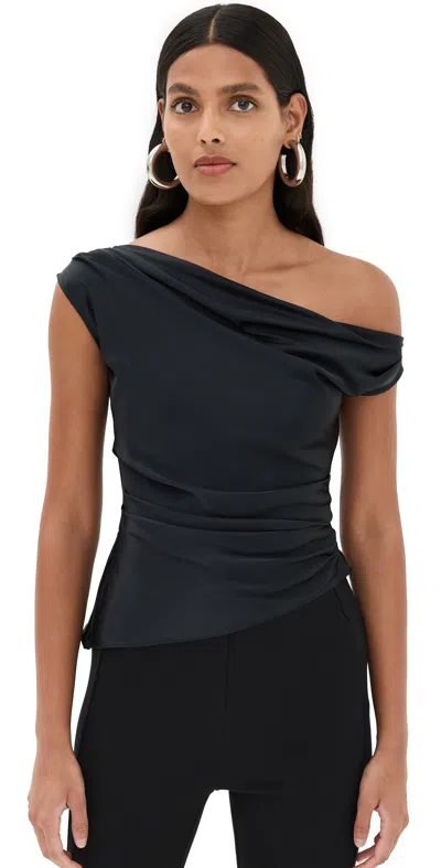 Staud Phare One-shoulder Draped Silk-blend Satin Top In Black