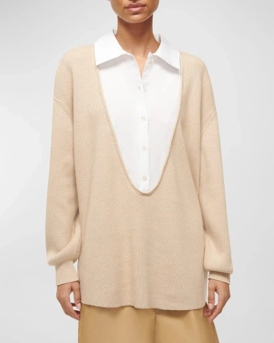Staud Pietro Cotton Cashmere Combo Sweater In Cml Camel/white