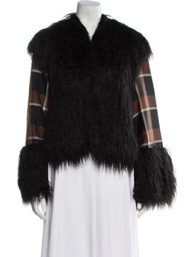 Pre-owned Staud Plaid Print Faux Fur Jacket In Black