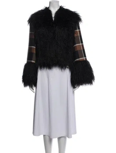Pre-owned Staud Plaid Print Faux Fur Jacket In Black