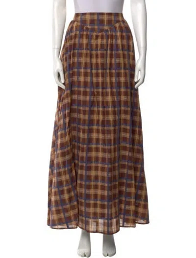 Pre-owned Staud Plaid Print Long Skirt In Brown