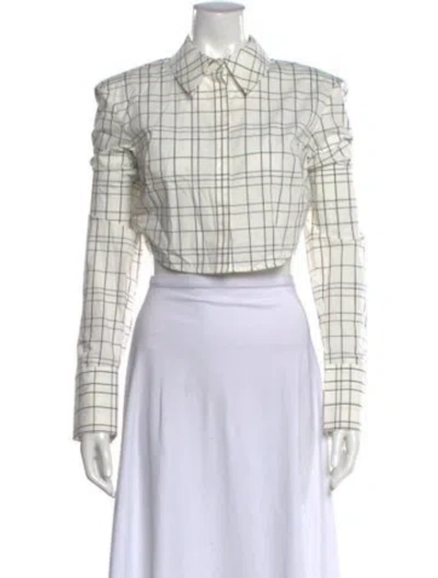 Pre-owned Staud Plaid Print Long Sleeve Button-up Top In White