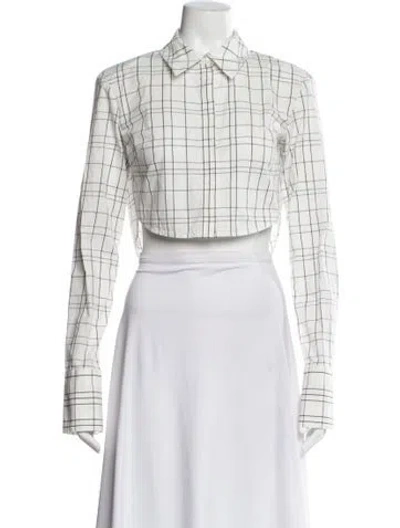 Pre-owned Staud Plaid Print Long Sleeve Crop Top In White